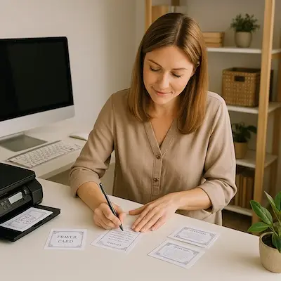 christian woman creating printable prayer cards