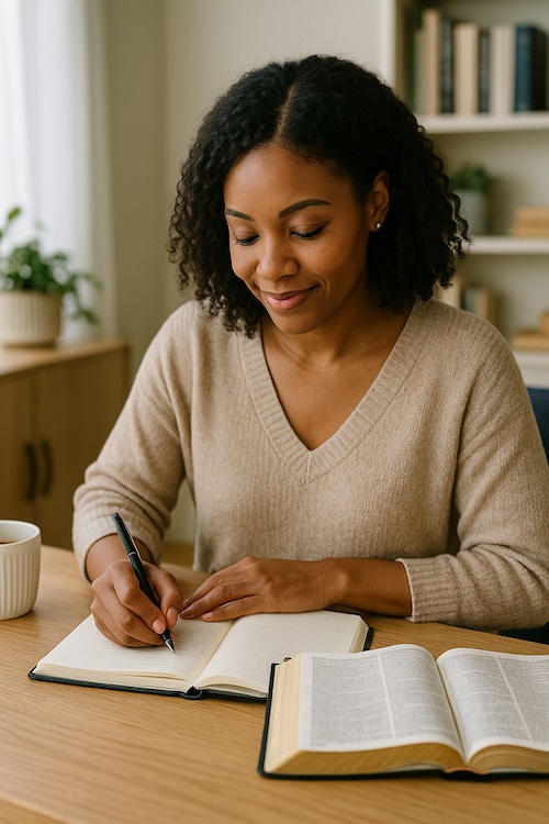christian woman journaling bible verse
