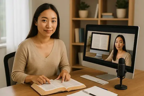christian woman teaching scripture online