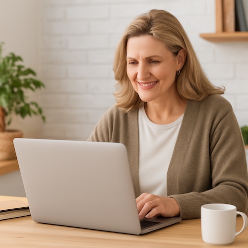 A photograph of a middle aged Caucasian woman with