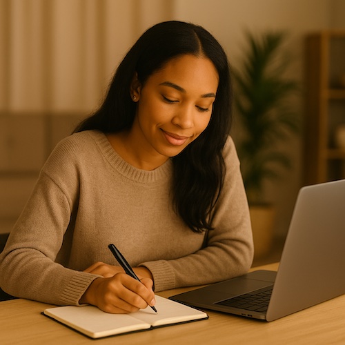 african american woman writing devotional booklet for new moms