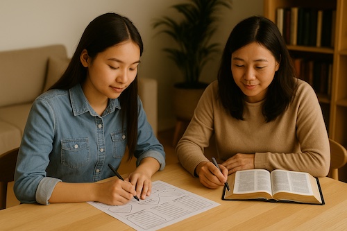 asian mother daughter using bible study printables