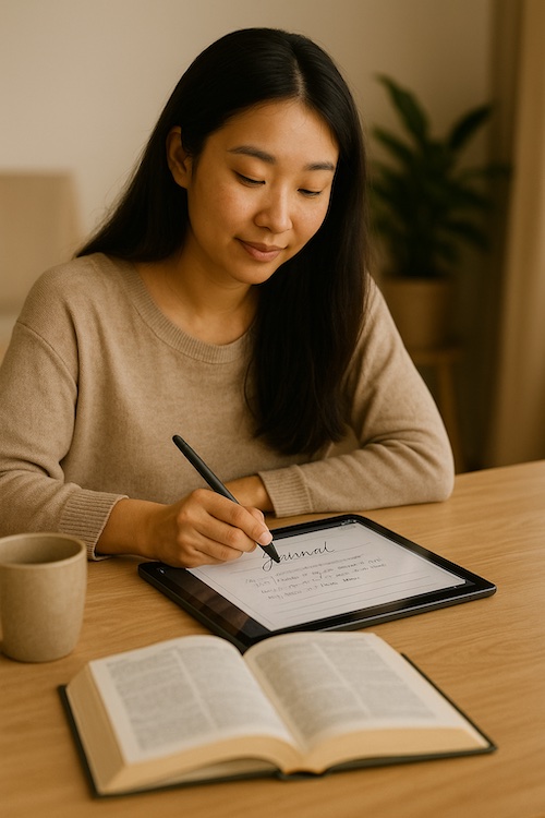 asian woman creating interactive digital bible journals