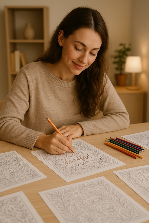 caucasian woman creating scripture affirmation coloring pages