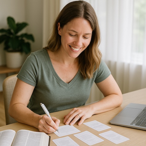 christian woman creating bible study reflection card sets