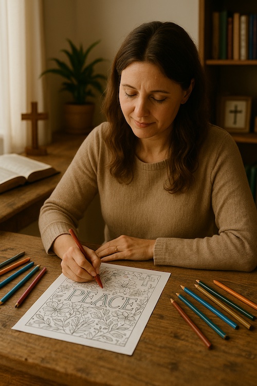christian woman creating devotional coloring pages