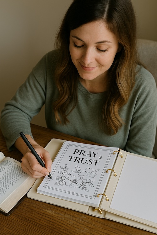 christian woman creating devotional prayer binder pages