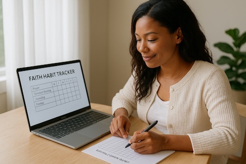 christian woman creating faith habit trackers