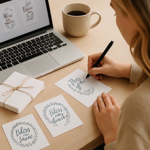 christian woman creating family blessing cards