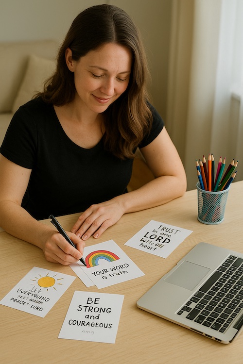 christian woman creating memory verse cards for kids