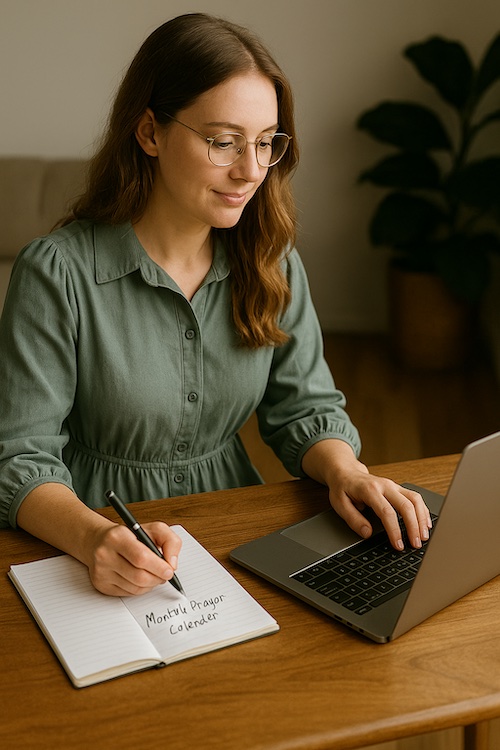 christian woman creating monthly prayer calendar