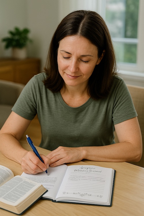 christian woman creating scripture memory journal for teens
