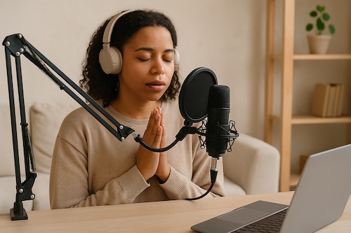 christian woman praying over family prayer guide