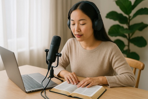 christian woman recording bible study devotionals.jpg