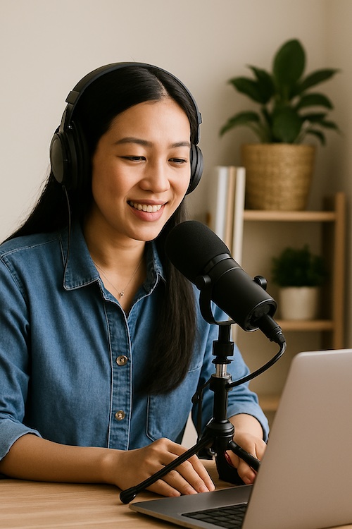 christian woman recording devotion podcast for moms
