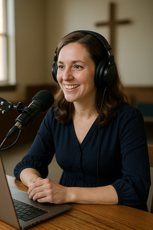 christian woman recording faith testimony podcast
