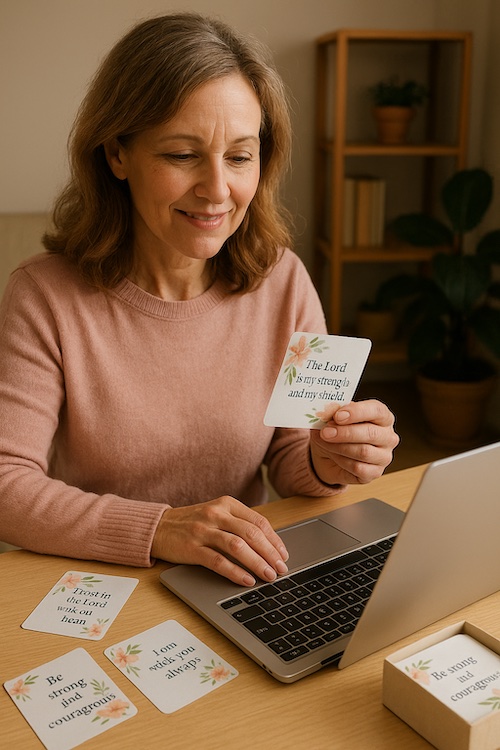 christian woman selling affirmation cards