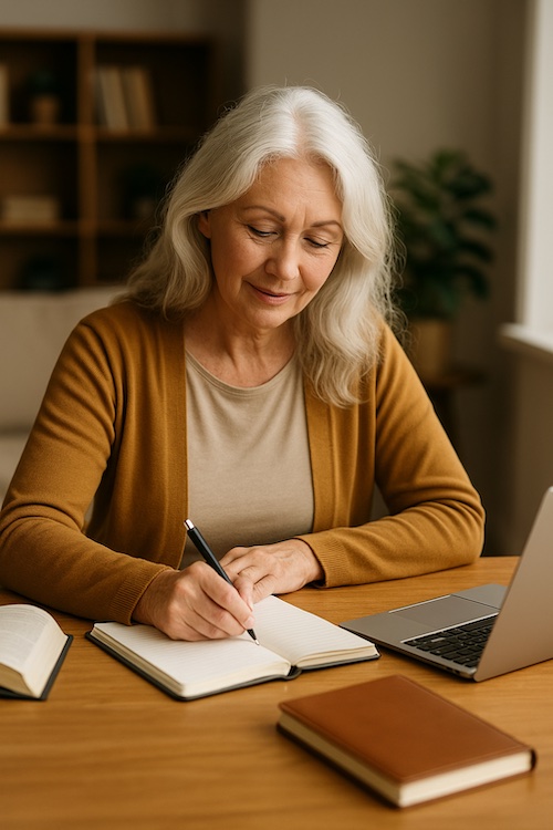 christian woman writing devotions for widows