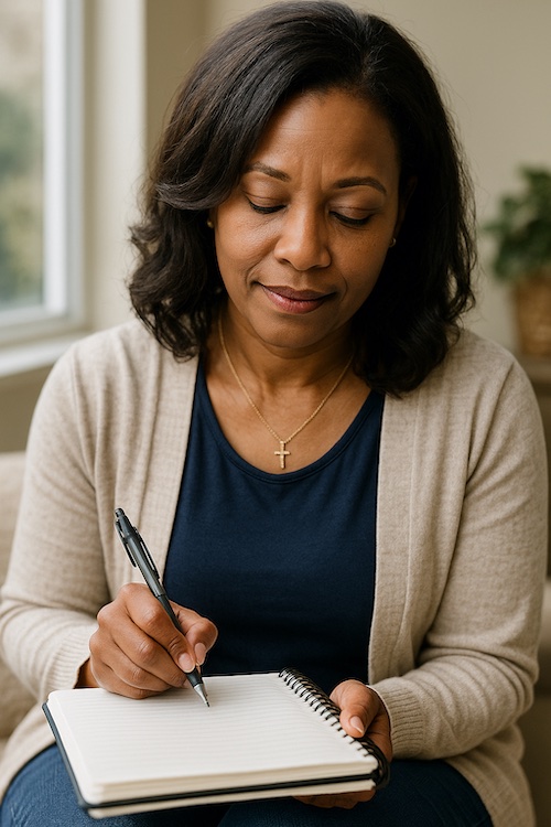 christian woman writing devotions on people pleasing