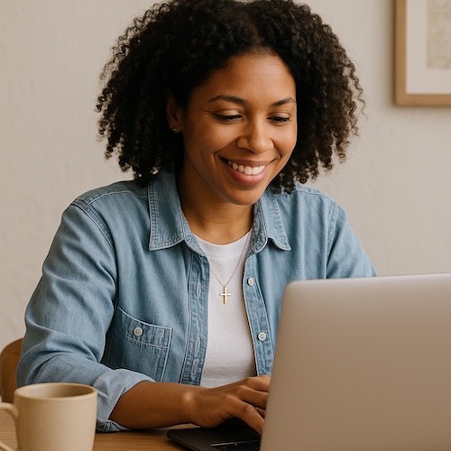 christian woman writing email devotional