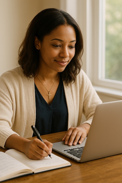 christian woman writing email devotionals