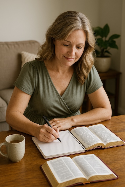 christian woman writing homemaking devotional