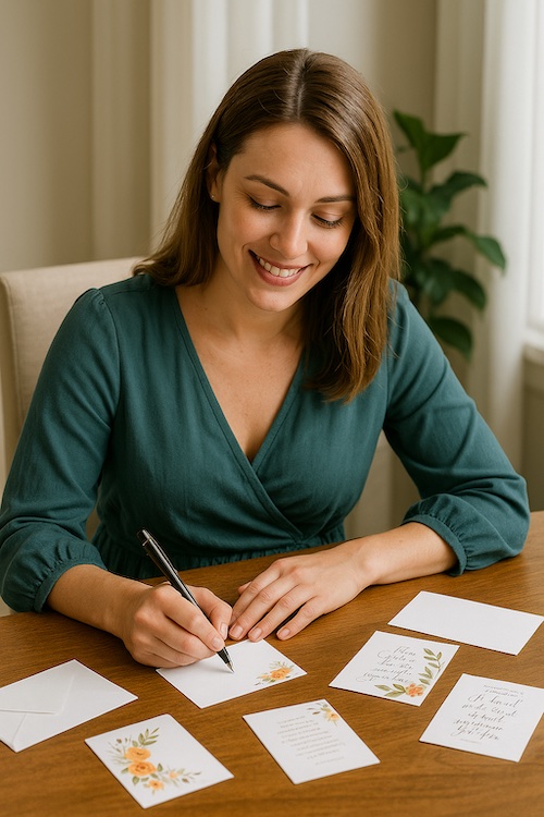 christian woman writing printable notes for caregivers