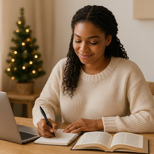 christian woman writing seasonal devotions for moms