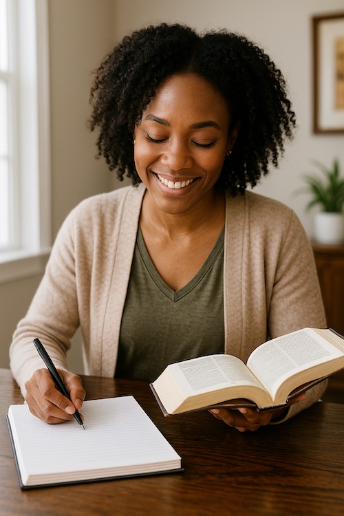 christian woman writing weekly biblical confidence devotions
