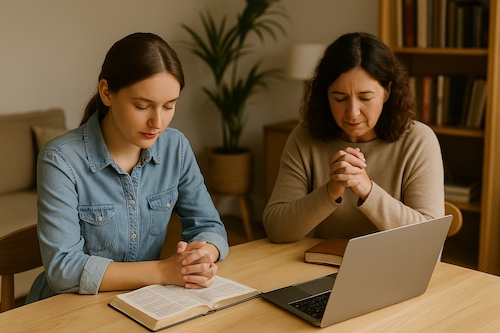 christian women praying together at home bible laptop