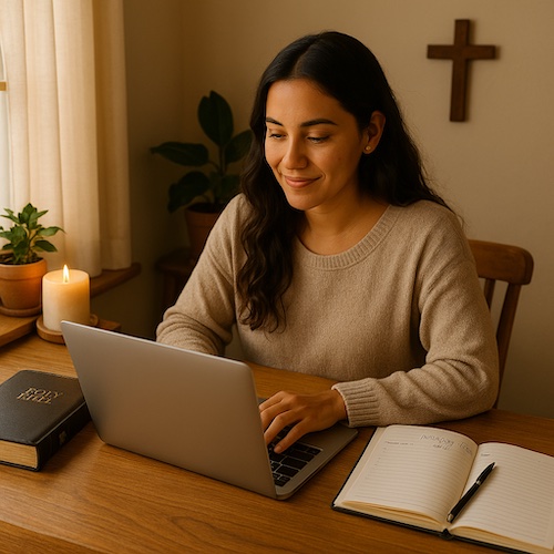 latina woman creating daily devotional pdf subscription