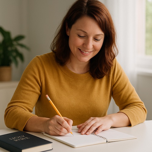 caucasian woman gratitude journal with bible