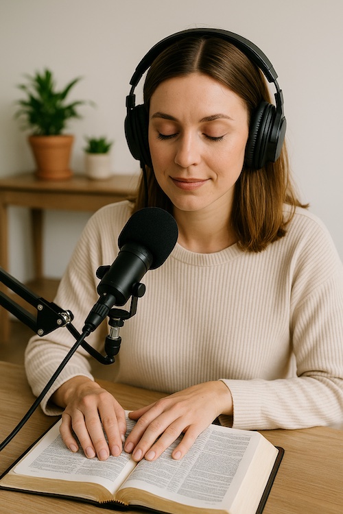 caucasian woman recording scripture meditation podcast