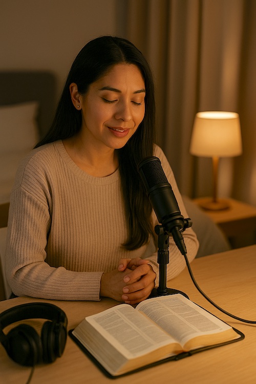 latina christian woman recording bedtime devotional podcast