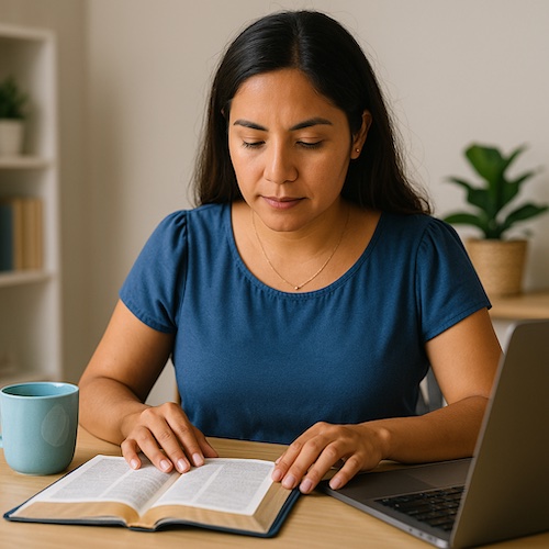 latina woman writing healthcare devotional