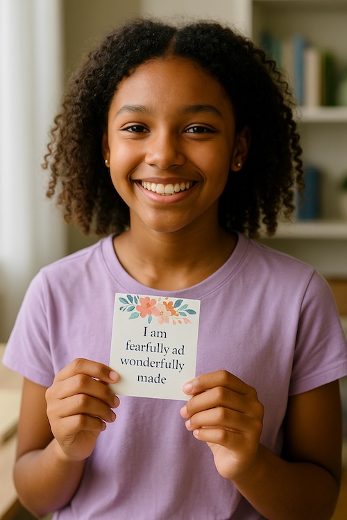 african american teen girl holding scripture affirmation card