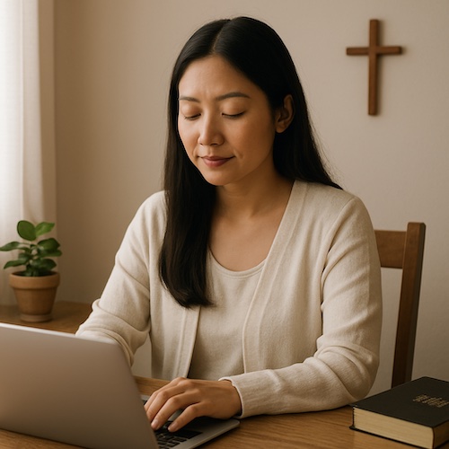 asian latina woman creating digital prayer journals