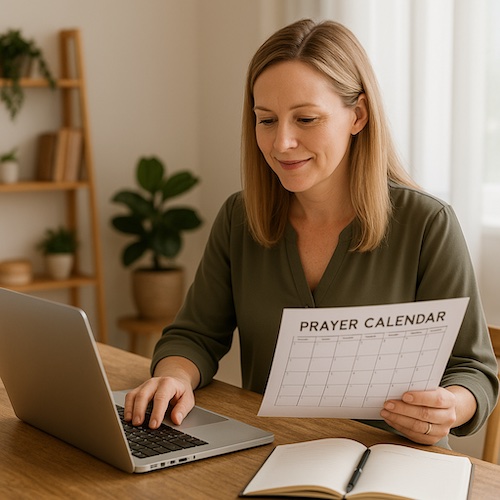 christian woman creating printable prayer calendars