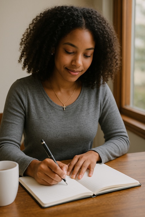 christian woman writing devotions for working moms