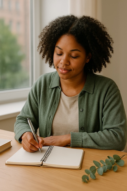 christian woman writing guided journaling prompts