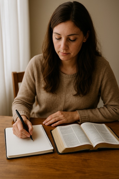 christian woman writing one verse devotionals.jpg