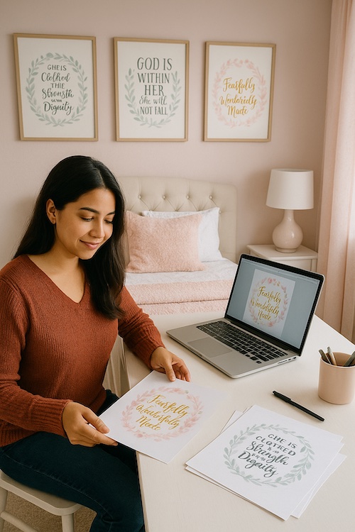 latina woman selling scripture wall art for teen girls