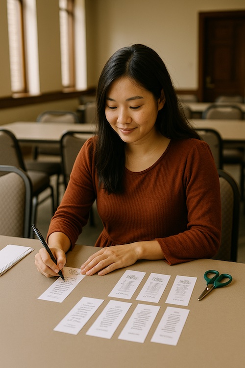 asian christian woman creating affirmation bookmarks church fellowship hall
