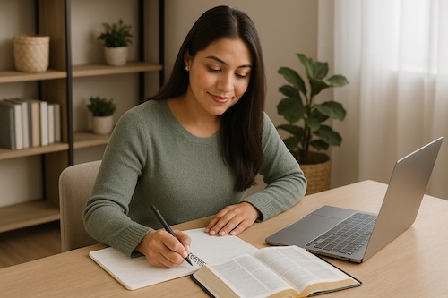 christian woman writing titus 2 mentoring blog home office latina