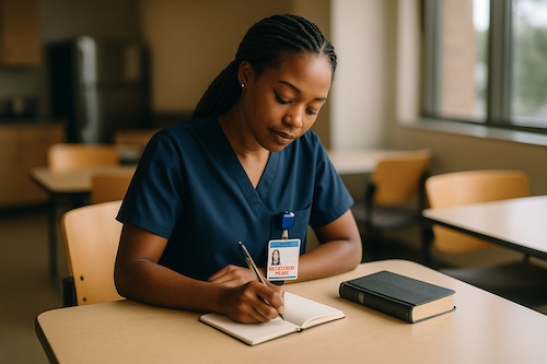 african american nurse writing 5 minute lunch break devotion hospital breakroom