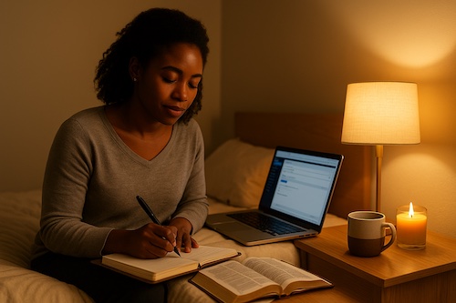 african american woman bedside lectio divina journaling emails night lamp