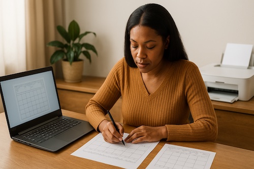african american woman designing printable scripture wall calendars home office