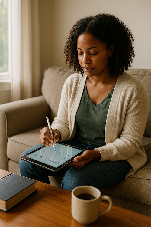 african american woman digital gratitude journal tablet home