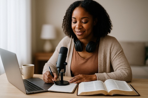 african american woman recording lent email devotions audio home desk
