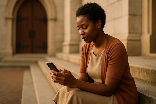 african christian woman scheduling sms prayer chain church steps 1